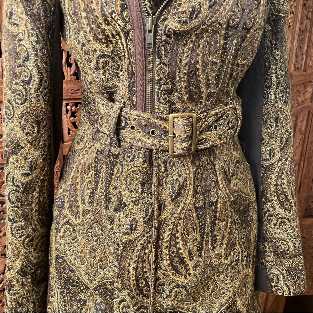 FREE PEOPLE Vintage Y2K Brown Paisley Belted Utility Trench Coat Duster Jacket - Picture 8 of 16